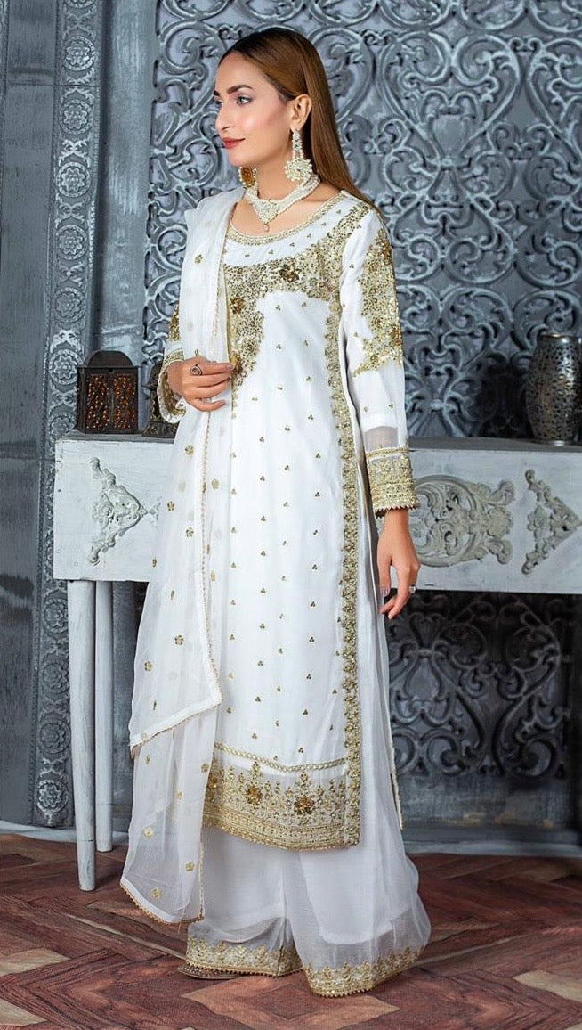 (74) Crinkle Chiffon Palazzo Suit – Embroidered Elegance with Chiffon Dupatta | Ready-to-Wear
