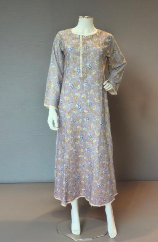 (262) Badal Summer Flared Printed Dress | One Size with Elegant Lace Trim