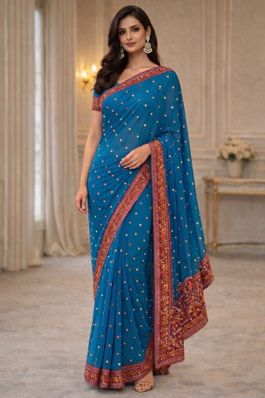 (75) Beautiful Indian chiffon saree featuring detailed hand embroidery, sparkling mirror work, and fine sequin embellishments, perfect for weddings, parties, and festive occasions.