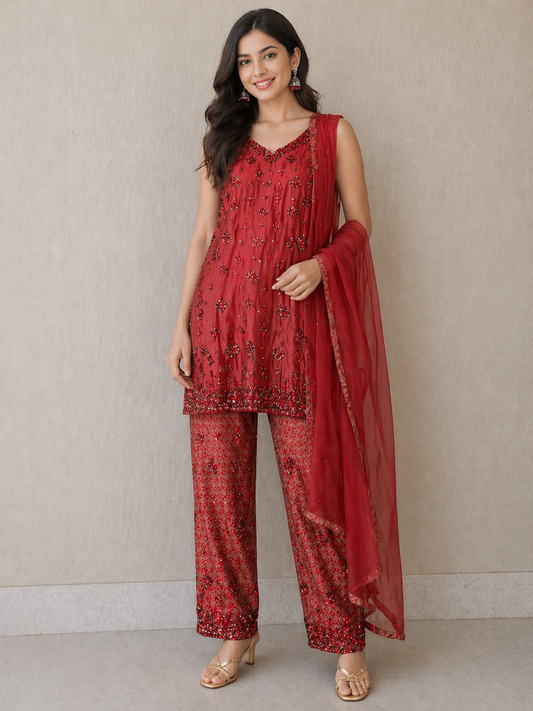 (85) Indian embroidered silk sleeve less chiffon dupatta ready to wear