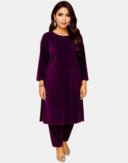 (55) Pakistani Plum Velvet Printed Comfy 2-Piece Ready-to-Wear Suit