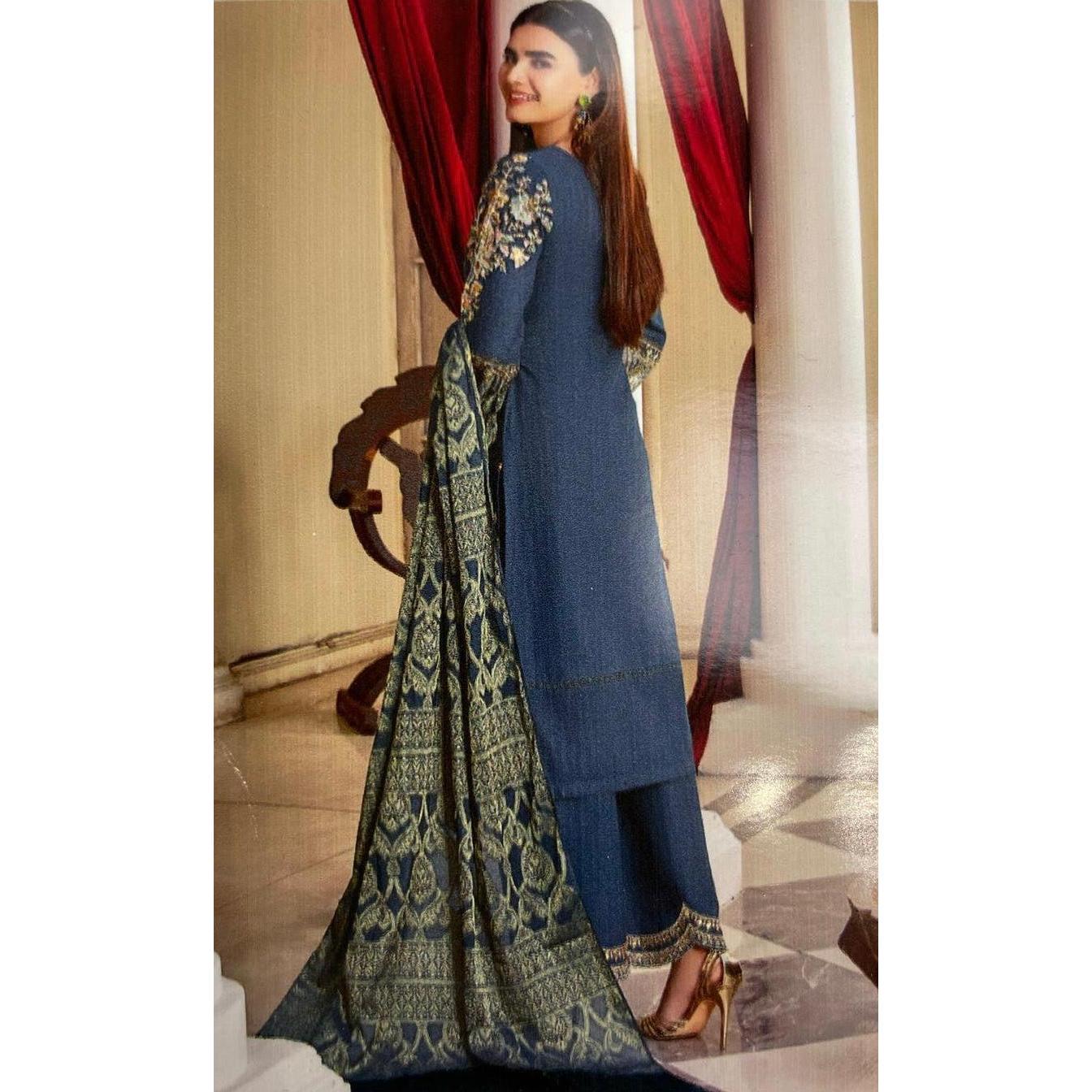 (213) Ladies Pakistani Teal Suit with Intricate Gold Embroidery & Palazzo Trousers