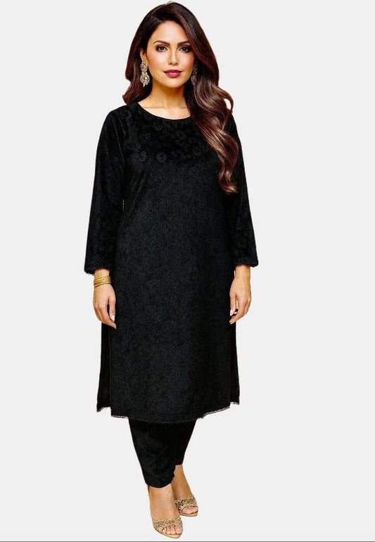 (53) Pakistani Black Velvet Printed Comfy 2-Piece Ready-to-Wear Suit