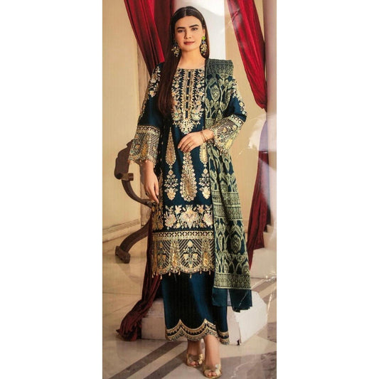 (213) Ladies Pakistani Teal Suit with Intricate Gold Embroidery & Palazzo Trousers